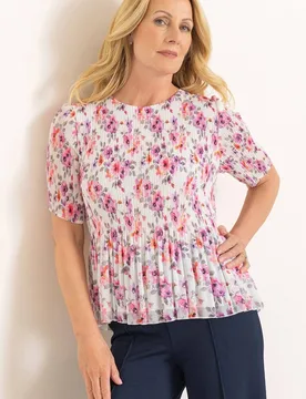 Women's Floral Print Pleated Top in White Size: 18 - White - Size: 18 - Anna Rose - FashionsVida