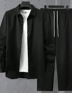 Camisa de botones delantera lisa para hombre & pantalones con cintura de cordón sin camiseta, ropa de otoño, formal - Shein - FashionsVida