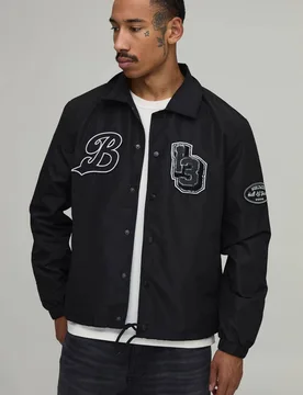 Men's Varsity Badge Collared Coach Jacket Black Size Medium Black M - boohooMAN - FashionsVida