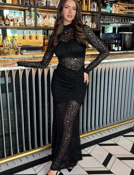 Women's Black Lace Overlay Long Sleeve Fishtail Midi Dress Size: 16 - Black - Size: 16 - AX Paris - FashionsVida