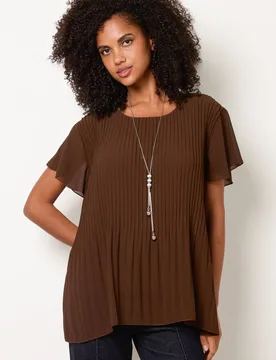 Brown Short Sleeve Slip On Round Neck Top - Brown - Size: S/M - Blue Vanilla - FashionsVida