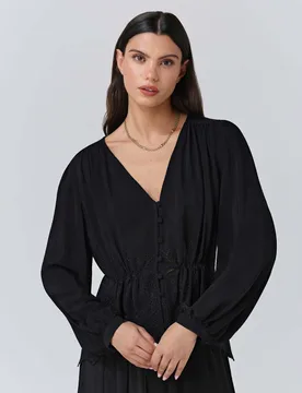 Crepe Broderie V-Neck Blouse Black female - GHOST - FashionsVida