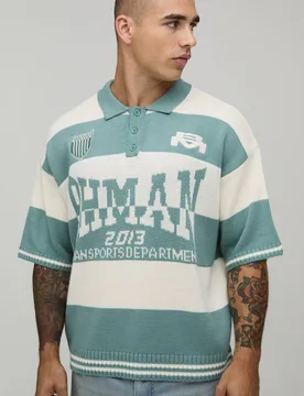 Men's Oversized Varsity Graphic Stripe Knit Polo Green Size Small Green S - boohooMAN - FashionsVida