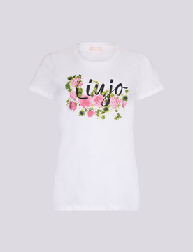 T-shirt con stampa e strass donna bianco-rosa