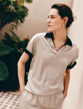 Polo in Seta Charmeuse Lavabile Argento Grigio XS