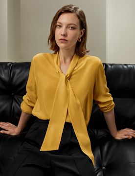 Donna Blusa Seta Elegante Scollo a V con Fiocco S