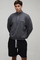 Herren Übergroßes Kastenförmiges Viertelreißverschluss-Stehkragen-Sweatshirt Und Shorts-Set Mit Schlingenrücken Charcoal Größe Medium