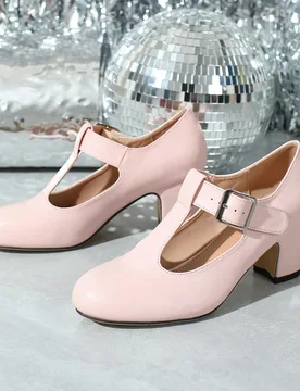 Zapatos de mujer de cuero PU rosa para otoño/invierno, de tacón alto Mary Jane con correa en T y hebilla, tacón grueso, estilo casual de moda para - Shein - FashionsVida