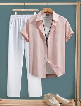 Conjunto de camisa de manga corta y pantalones de unicolor para hombre - Shein - FashionsVida