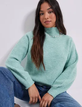 Petite Pearl neck Detail Jumper - Sage - Size: L - Dorothy perkins - FashionsVida