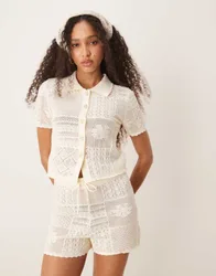Womens Knitted Patchwork Shirt Co-Ord In Cream - Size Small