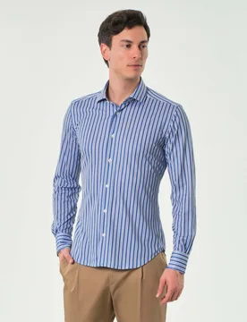 Camicia blu indaco a righe in tessuto tecnico stretch - Re-Do It - FashionsVida