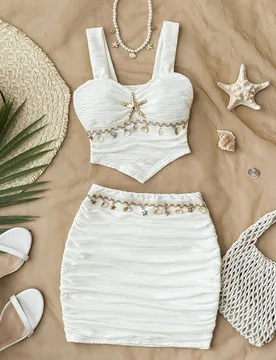 Conjunto de top sin mangas y falda para niña preadolescente, estilo casual tropical minimalista, cómodo, con patrón texturizado, bajo asimétrico, - Shein - FashionsVida