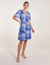 Shirred Waist Button Front Patchwork Mini Dress - M/L / BLUE - female
