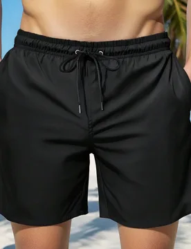 Bañador de hombre de poliéster negro liso, con cordón, bolsillo, shorts de surf, casual, cómodo, versátil, uso diario, regalo para padre/esposo - Shein - FashionsVida
