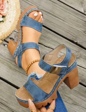 Sandalias de tacón alto para mujer con cierre de gancho y bucle, ajuste ancho, ligeras y cómodas, tacón grueso, casual para ir al trabajo, tipo sli - Shein - FashionsVida