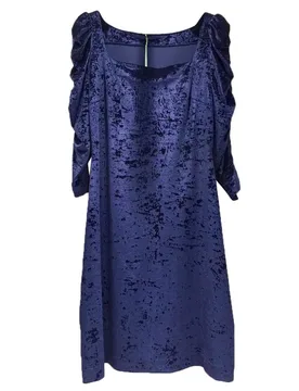 French Couture Navy Blue Panne Velvet Square Neck Dress - Bespoke - FashionsVida
