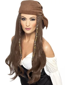 Piraten-Damenperücke Langhaar-Perücke mit Kopftuch und Haarschmuck braun - RUBIES NL - FashionsVida