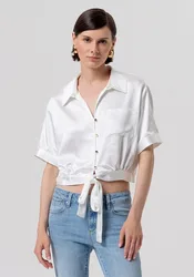 Camicia cropped in raso donna crema