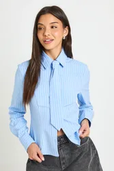 Womens Stripe Tie Detail Fitted Shirt - Blue - Size 10 Uk