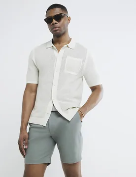 Mens Chino Shorts Green Slim Fit Belted Cotton - Size 28 (Waist) - River Island - FashionsVida