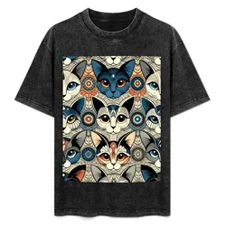 Folk Art Cat Illustration - Whimsical Feline Pattern Artwork T-Shirt Festival Short Sleeve T-Shirt