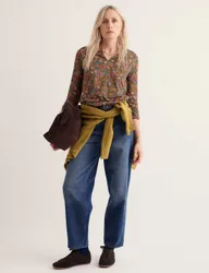 Cotton Blend Floral Notch Neck Top Brown Mix female