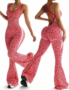 Pieza Mono con estampado de leopardo, espalda retorcida y escote en V profundo con vuelo - Shein - FashionsVida
