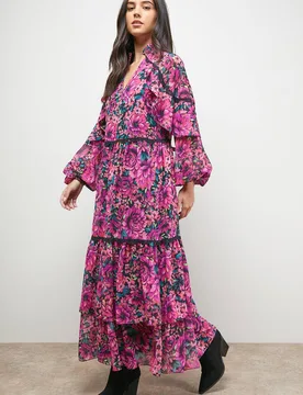 Women's Printed Cape Detail Lace Trim Boho Maxi Dress in Floral Size: 10 - Floral - Size: 10 - OASIS - FashionsVida