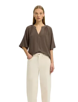 Maglietta A Maniche Corte Con Collo A V Viva 2/ V-neck Linen Blend Chocolate Chip 36 - Selected - FashionsVida