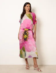 Painterly Floral Tie Waist Midi Dress - ONE / PINK - female