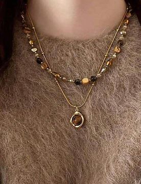 Pieza/Set Collar con colgante de piedra de ojo de tigre multicapa elegante y vintage, accesorio diario y de fiesta para mujer, joyería de moda, mejor