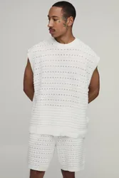 Herren Übergroßes Strick-Set Mit Offener Masche Aus Baumwollmischung – Tanktop Und Kurze Hose Ecru Größe 4XL