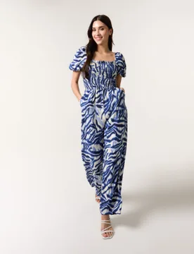 Printed Puff Sleeve Jumpsuit - M/L / BLUE - female - Blue Vanilla - FashionsVida