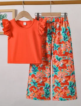 Set de 2 piezas con blusa de manga de volantes y pantalones rectos estampados para niñas, adecuado para vacaciones, salidas y uso casual - Shein - FashionsVida
