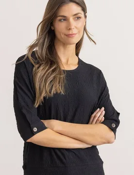 Women's Textured Button Cuff Top in Black Size: Medium - Black - Size: M - Klass. - FashionsVida