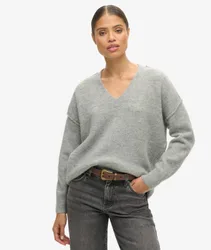 Superdry Damen Lässiger Strickpullover mit V-ausschnitt Hellgrau - Größe: 36
