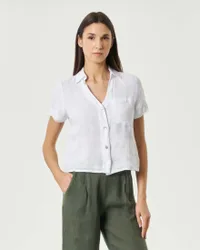 Camicia cropped bianca in puro lino con tasca applicata e maniche corte