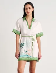 Linen Blend Printed Belted Mini Shirt Dress Ivory female