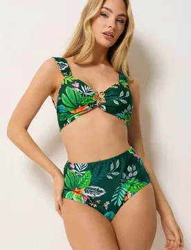 Tropical Print High Waisted Bikini Briefs - Dark Green - Size: 10 - M&Co - FashionsVida