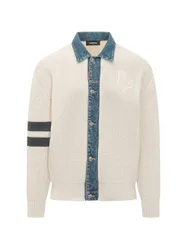 Cardigan bianco uomo colletto denim