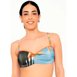 Top de bikini bandeau brillo estampado floral con copas preformadas aros y cierre regulable