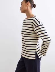 Pure Cotton Slash Neck Relaxed Top Ivory Mix