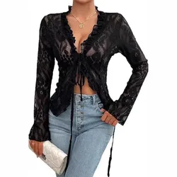 Lace-up Perspective Lace Top Long-sleeved Ruffle Edge Decorative Perspective Mesh Lace Short Top