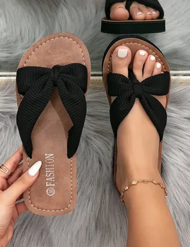 Sandalias planas de verano para mujer, chanclas de tacón bajo con detalle de nudo, marrón y negro, zapatos de playa sin cordones para exterior, play - Shein - FashionsVida