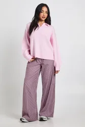 Womens Woven Stripe Elasticated Waist Wide Leg Trouser - Wine - Size 10 Uk