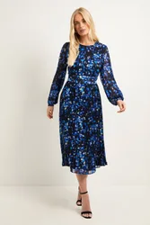 Women's Petite Floral Pleated Midi Dress in Navy Size: 14 - Navy - Size: 14