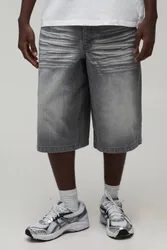 Herren Lange Steife Gewaschene Denim-Shorts Greywash Größe 28
