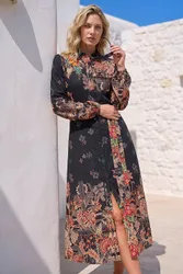 Women's Floral Border Shirt Dress in Black Size: 10 - Black - Size: 10