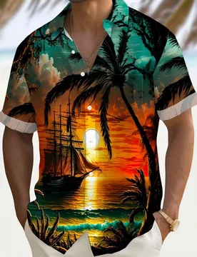 Camisa de manga corta con bolsillo y estampado del paisaje de árboles de coco y puesta de sol hawaiana, tallas grandes, verano - Shein - FashionsVida